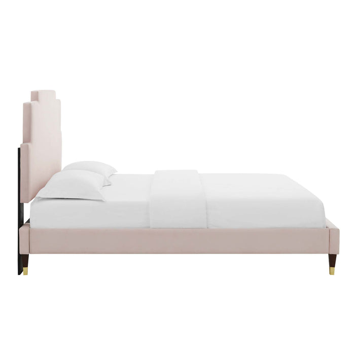 Lindsey Performance Velvet Platform Bed With Wood and Gold Legs