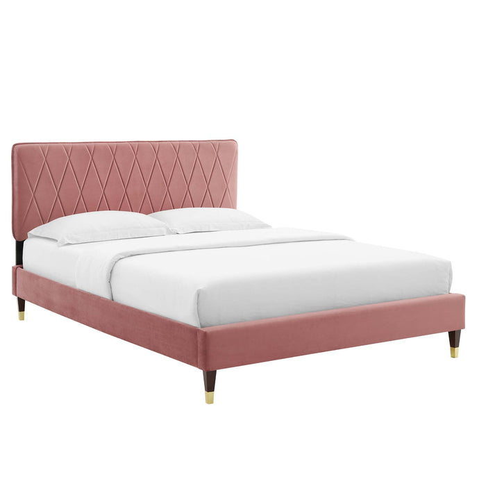 Phillipa Performance Velvet Platform Bed With Wood and Gold Legs