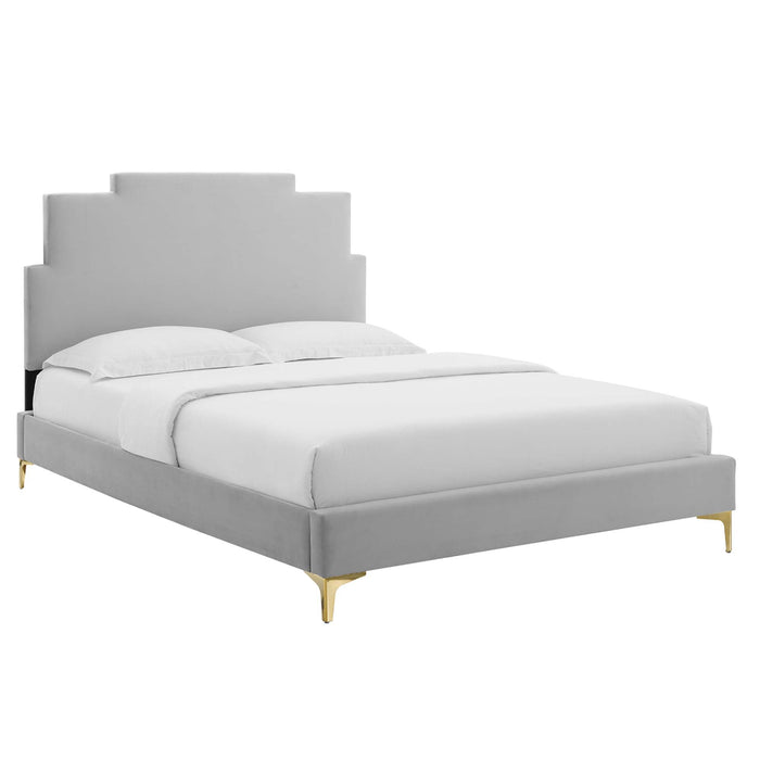 Lindsey Performance Velvet Platform Bed With Gold Metal Legs