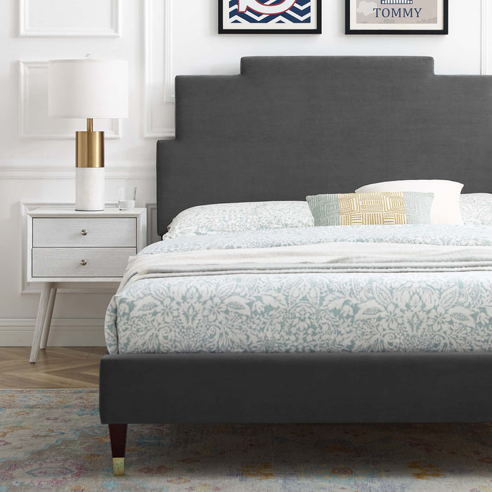 Lindsey Performance Velvet Platform Bed With Wood and Gold Legs