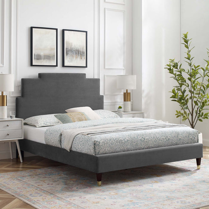 Lindsey Performance Velvet Platform Bed With Wood and Gold Legs