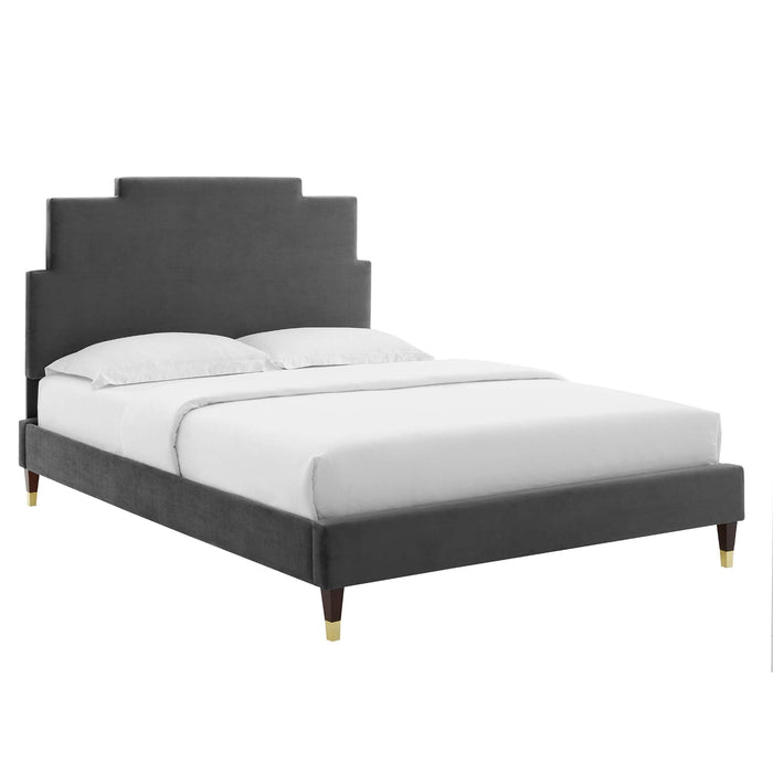 Lindsey Performance Velvet Platform Bed With Wood and Gold Legs