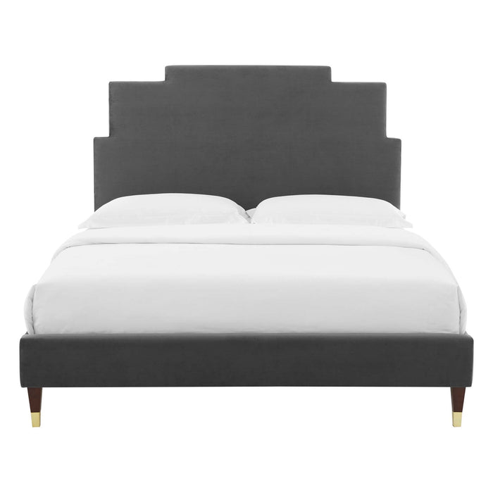 Lindsey Performance Velvet Platform Bed With Wood and Gold Legs