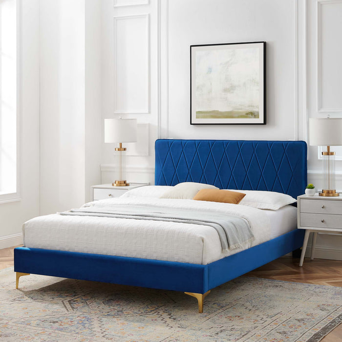 Phillipa Performance Velvet Platform Bed With Gold Metal Legs