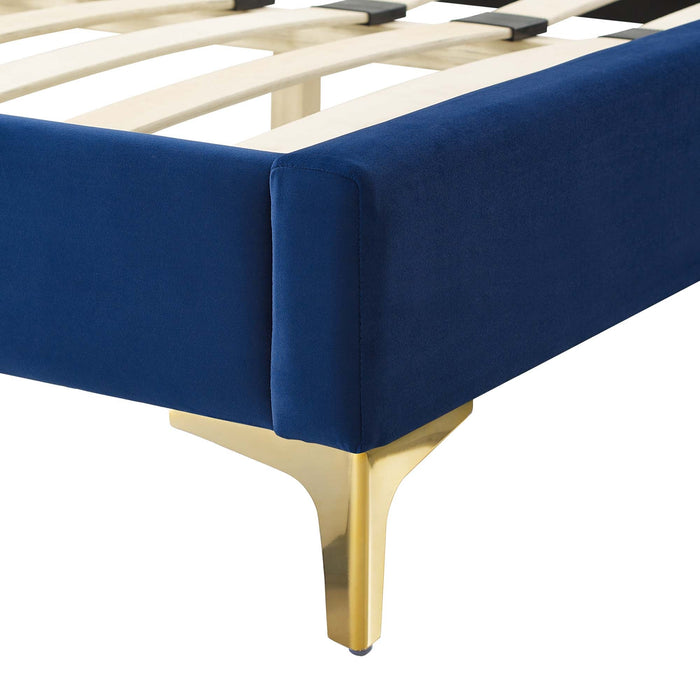 Phillipa Performance Velvet Platform Bed With Gold Metal Legs