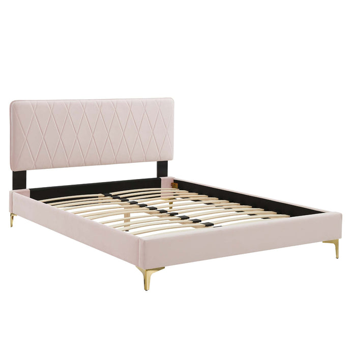 Phillipa Performance Velvet Platform Bed With Gold Metal Legs