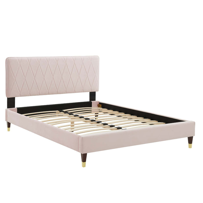 Phillipa Performance Velvet Platform Bed With Wood and Gold Legs