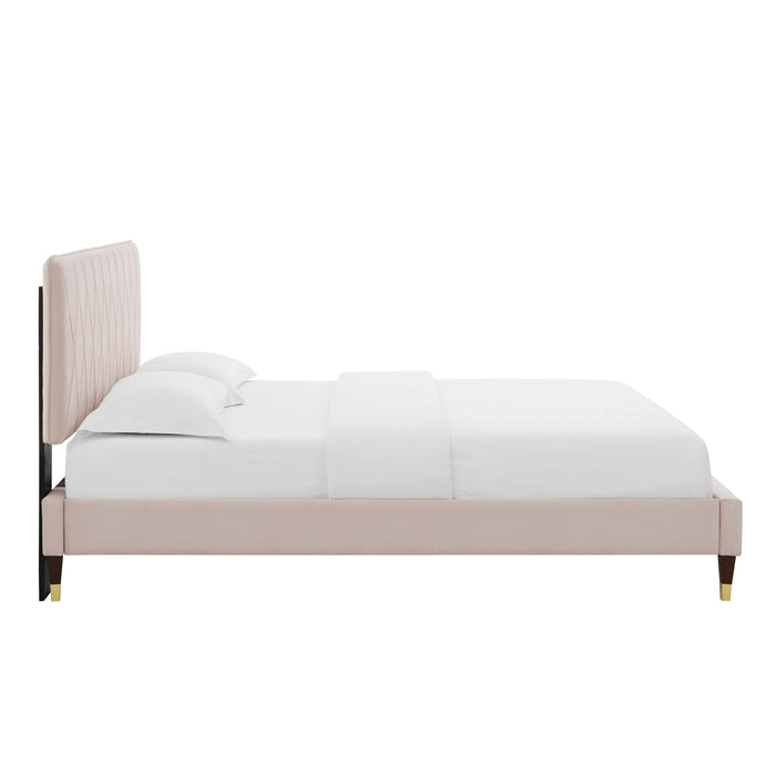 Phillipa Performance Velvet Platform Bed With Wood and Gold Legs