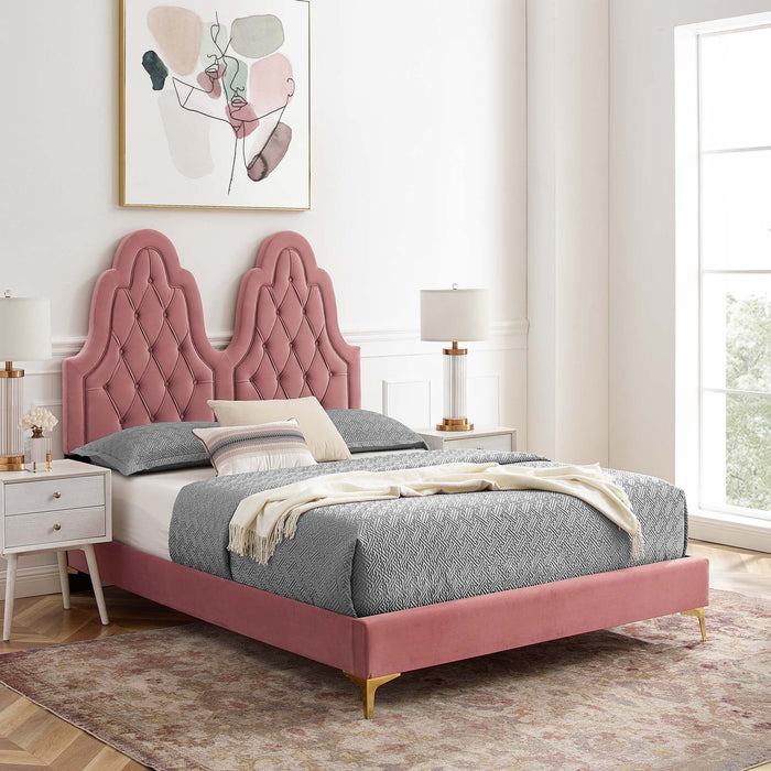 Alexandria Tufted Performance Velvet Platform Bed With Gold Legs