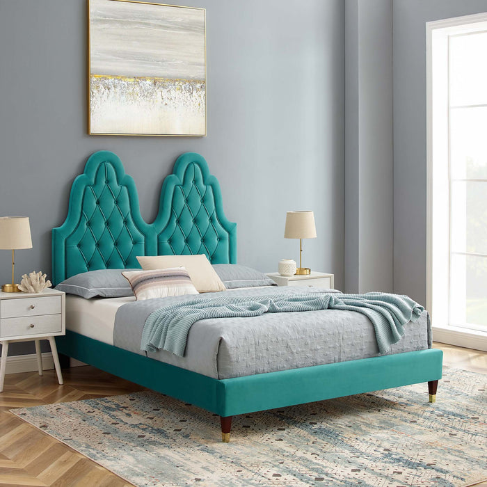 Alexandria Tufted Performance Velvet Platform Bed With Wood and Gold Legs