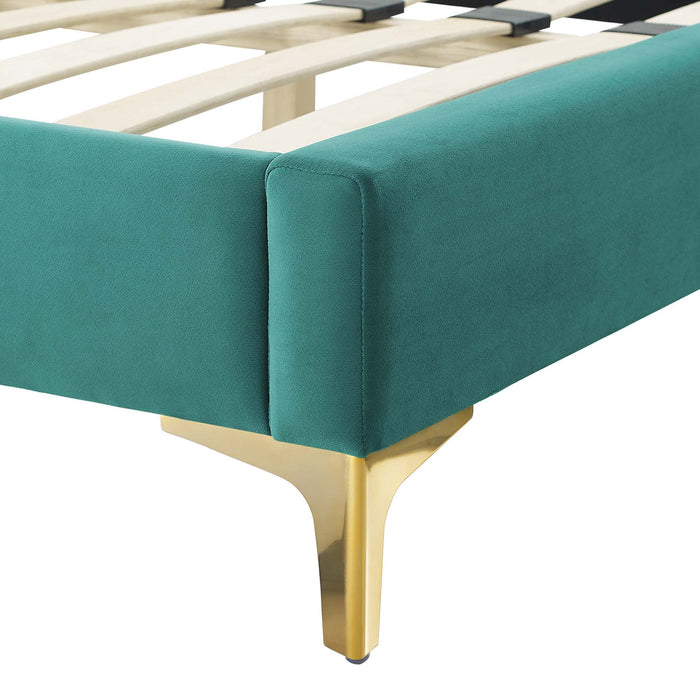 Alexandria Tufted Performance Velvet Platform Bed With Gold Legs