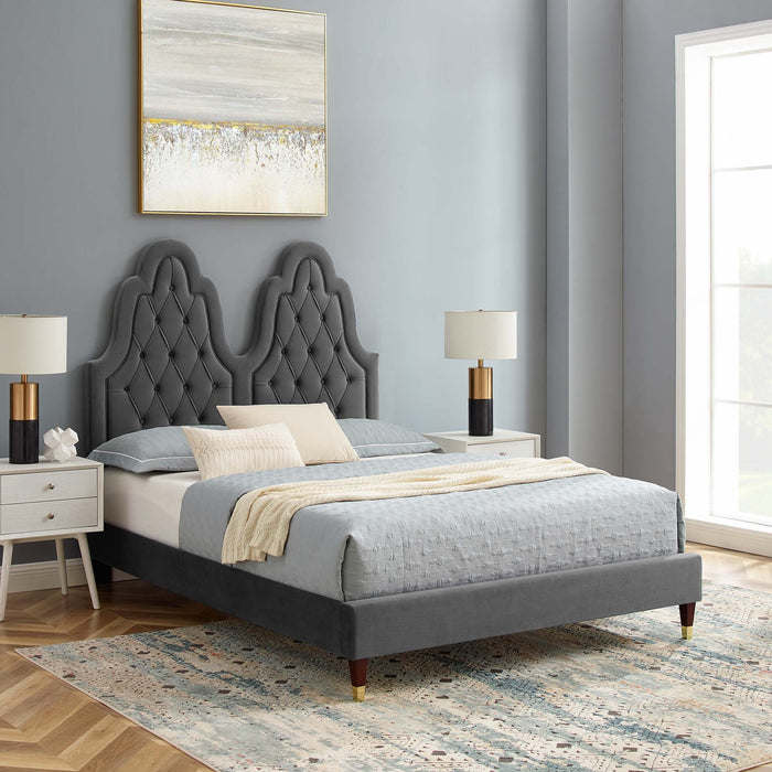 Alexandria Tufted Performance Velvet Platform Bed With Wood and Gold Legs