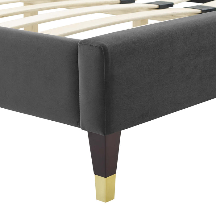 Alexandria Tufted Performance Velvet Platform Bed With Wood and Gold Legs