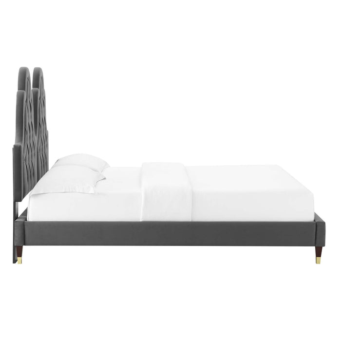 Alexandria Tufted Performance Velvet Platform Bed With Wood and Gold Legs