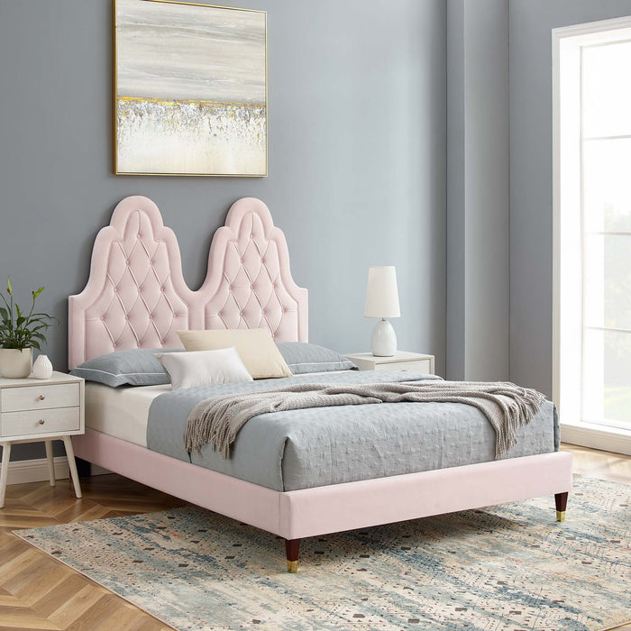 Alexandria Tufted Performance Velvet Platform Bed With Wood and Gold Legs