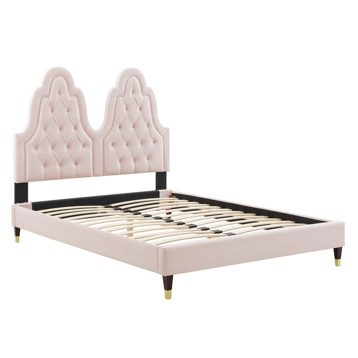 Alexandria Tufted Performance Velvet Platform Bed With Wood and Gold Legs