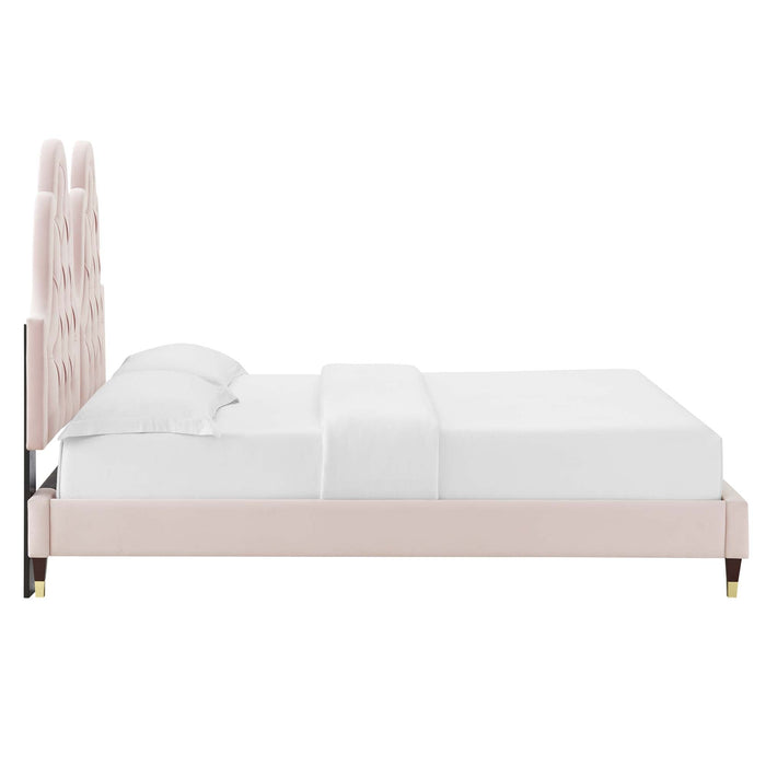 Alexandria Tufted Performance Velvet Platform Bed With Wood and Gold Legs