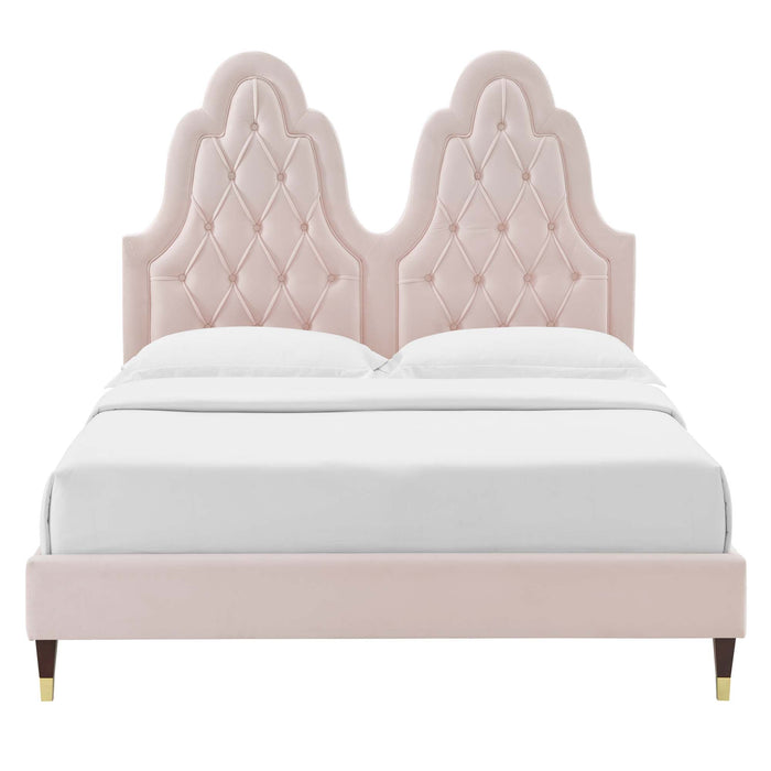 Alexandria Tufted Performance Velvet Platform Bed With Wood and Gold Legs