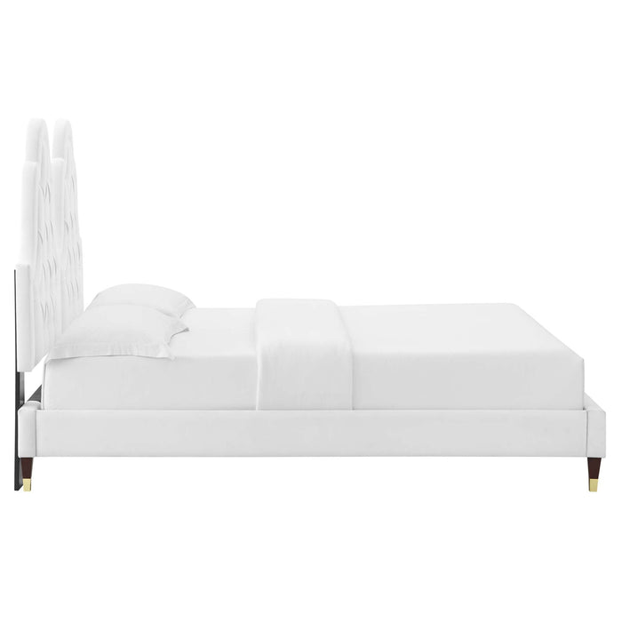 Alexandria Tufted Performance Velvet Platform Bed With Wood and Gold Legs