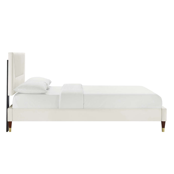 Yasmine Channel Tufted Performance Velvet Platform Bed With Wood and Gold Legs