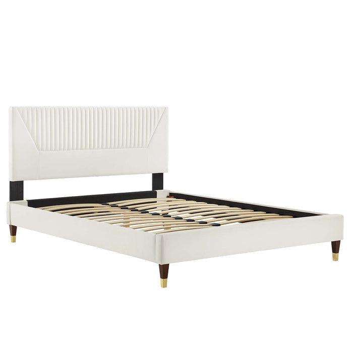 Yasmine Channel Tufted Performance Velvet Platform Bed With Wood and Gold Legs