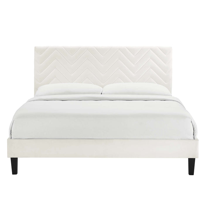 Leah Chevron Tufted Performance Velvet Platform Bed With Black Wood Legs