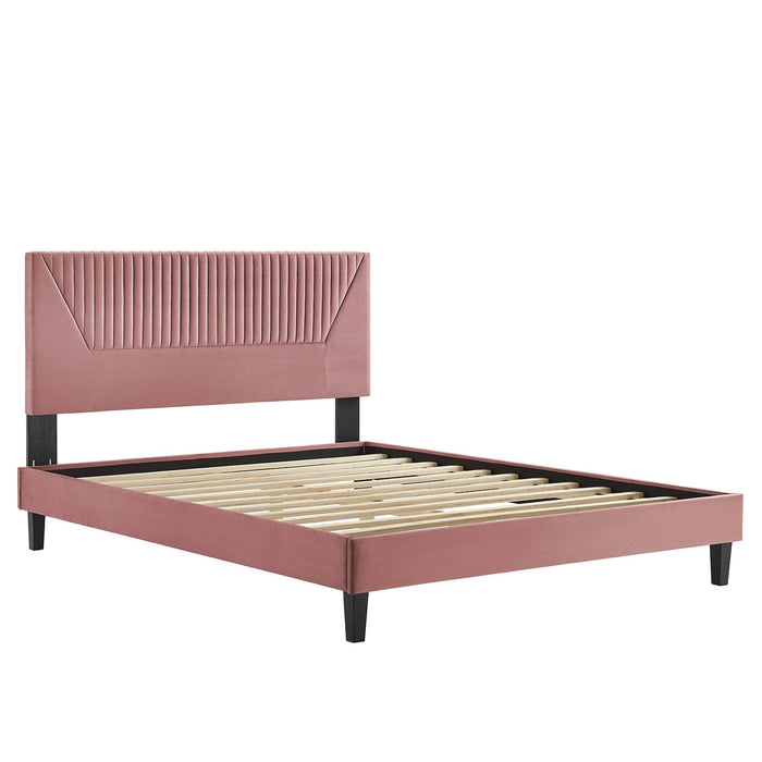 Yasmine Channel Tufted Performance Velvet Platform Bed With Black Wood Legs