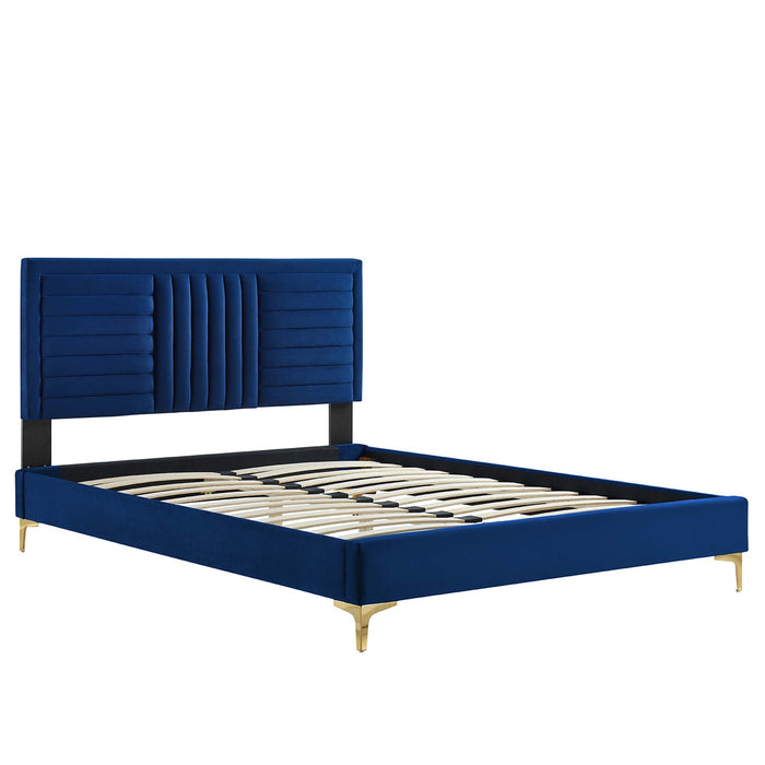 Sofia Channel Tufted Performance Velvet Platform Bed With Gold Metal Legs