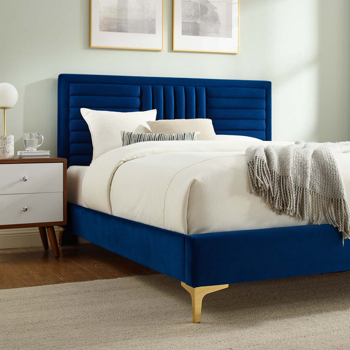 Sofia Channel Tufted Performance Velvet Platform Bed With Gold Metal Legs