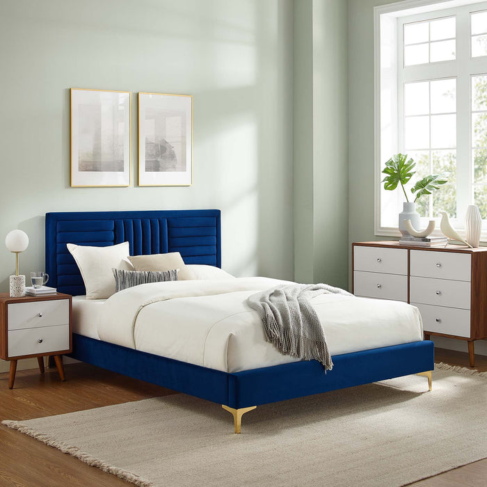 Sofia Channel Tufted Performance Velvet Platform Bed With Gold Metal Legs