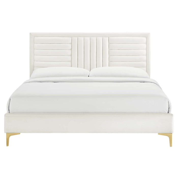 Sofia Channel Tufted Performance Velvet Platform Bed With Gold Metal Legs