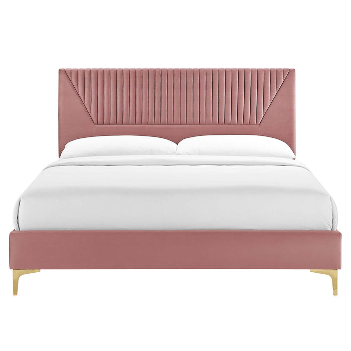 Yasmine Channel Tufted Performance Velvet Platform Bed With Gold Metal Legs