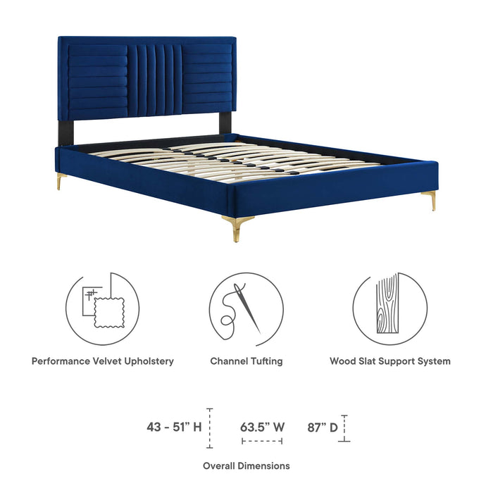 Sofia Channel Tufted Performance Velvet Platform Bed With Gold Metal Legs