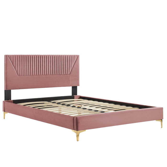 Yasmine Channel Tufted Performance Velvet Platform Bed With Gold Metal Legs