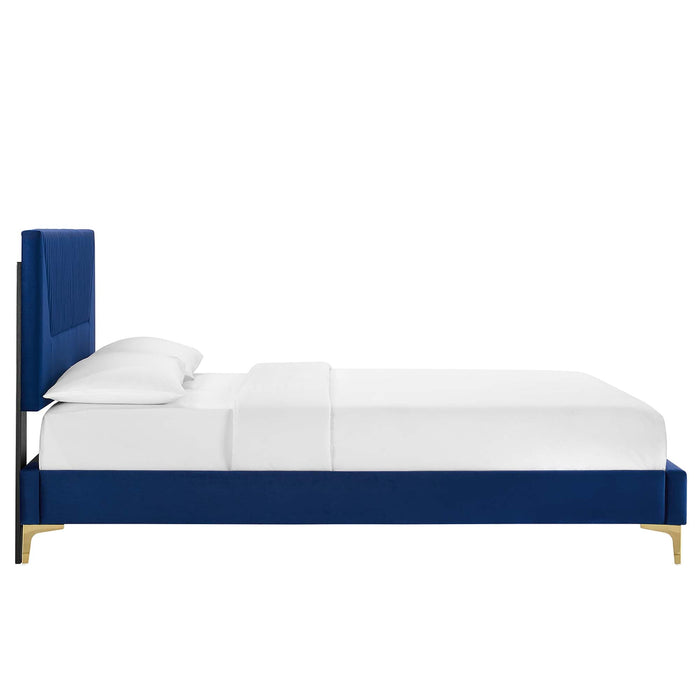 Yasmine Channel Tufted Performance Velvet Platform Bed With Gold Metal Legs