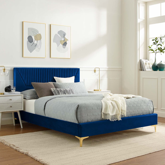 Yasmine Channel Tufted Performance Velvet Platform Bed With Gold Metal Legs