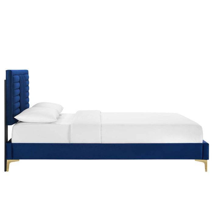 Sofia Channel Tufted Performance Velvet Platform Bed With Gold Metal Legs