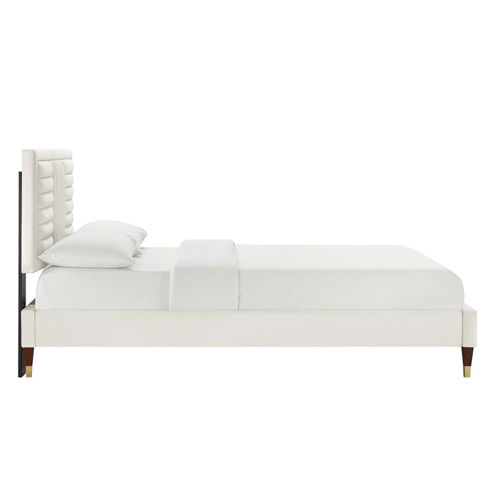 Sofia Channel Tufted Performance Velvet Platform Bed With Wood and Gold Legs