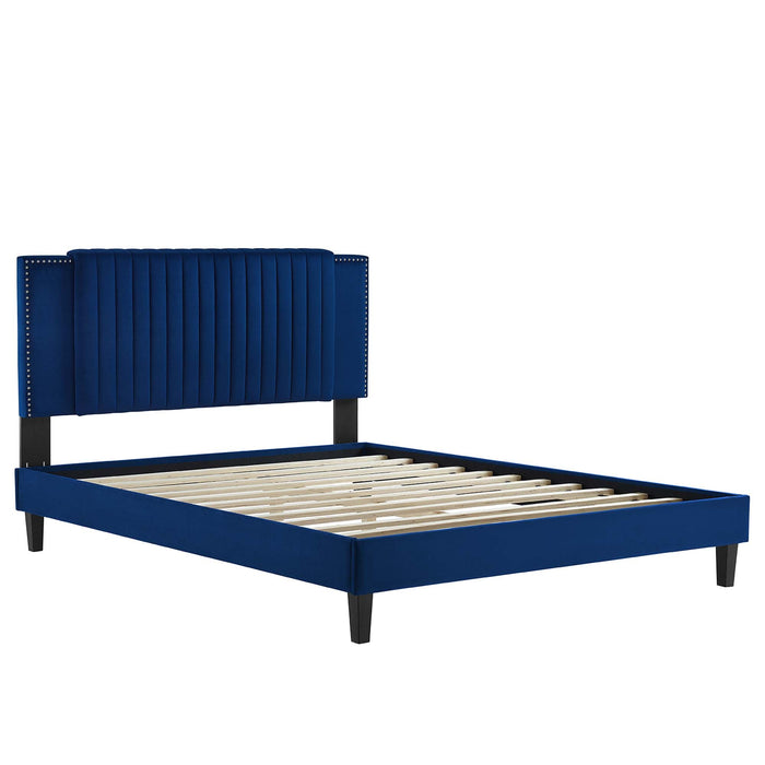 Zahra Channel Tufted Performance Velvet Platform Bed With Black Wood Legs