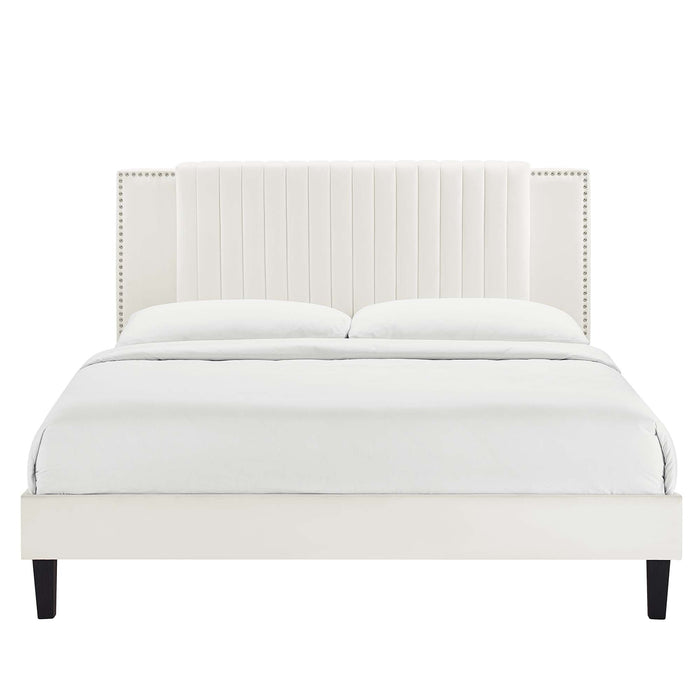 Zahra Channel Tufted Performance Velvet Platform Bed With Black Wood Legs