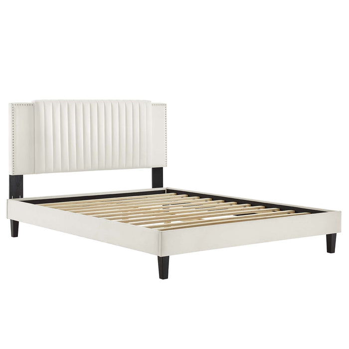 Zahra Channel Tufted Performance Velvet Platform Bed With Black Wood Legs