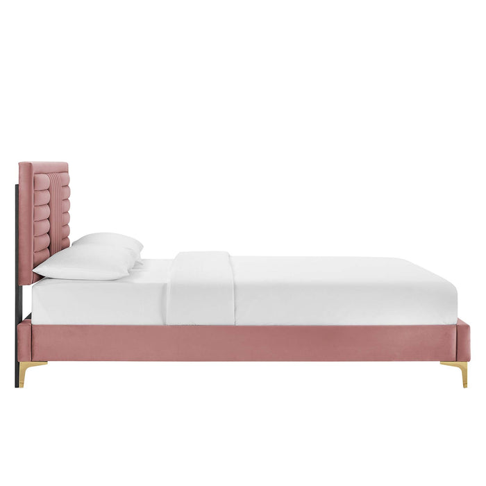 Sofia Channel Tufted Performance Velvet Platform Bed With Gold Metal Legs