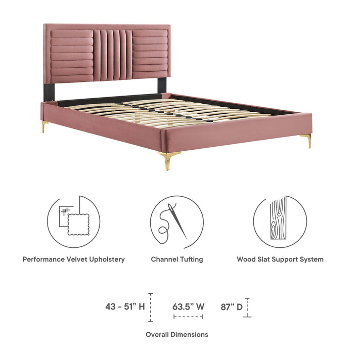 Sofia Channel Tufted Performance Velvet Platform Bed With Gold Metal Legs