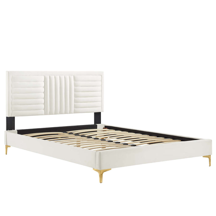 Sofia Channel Tufted Performance Velvet Platform Bed With Gold Metal Legs