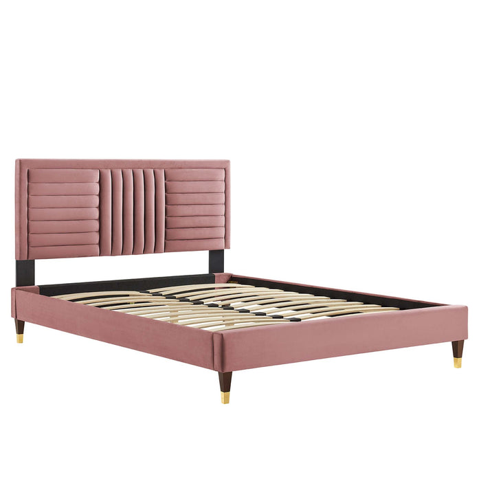 Sofia Channel Tufted Performance Velvet Platform Bed With Wood and Gold Legs