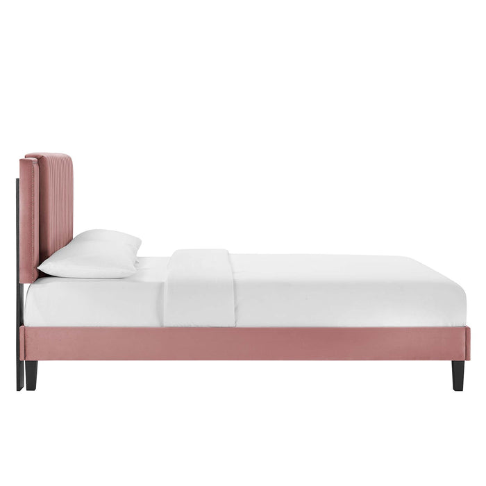 Zahra Channel Tufted Performance Velvet Platform Bed With Black Wood Legs