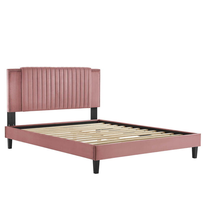 Zahra Channel Tufted Performance Velvet Platform Bed With Black Wood Legs