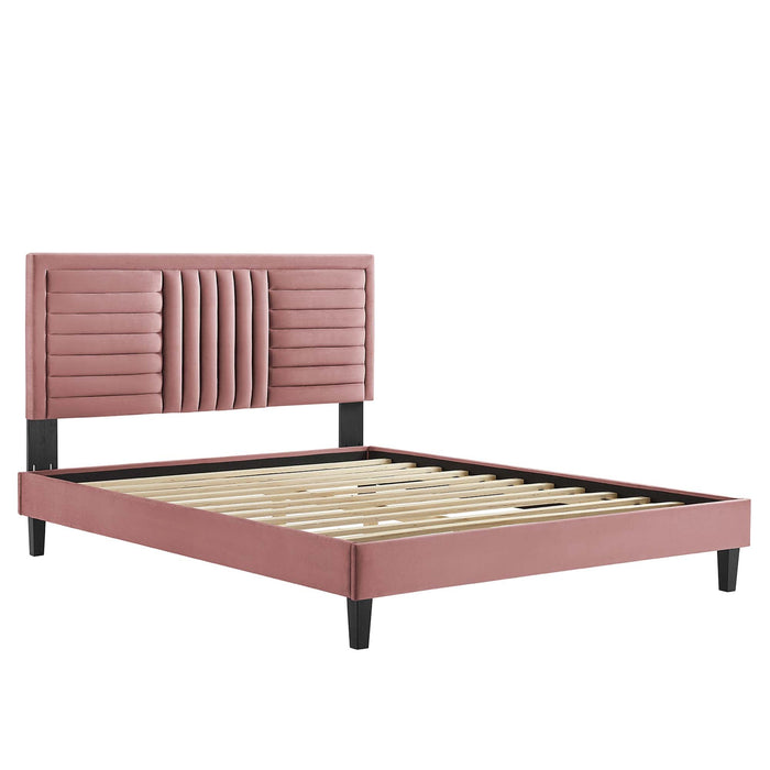 Sofia Channel Tufted Performance Velvet Platform Bed With Black Wood Legs