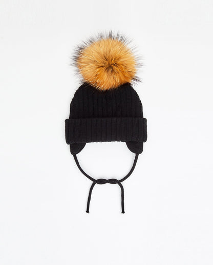 Black Knit Beanie with Interchangeable Pom