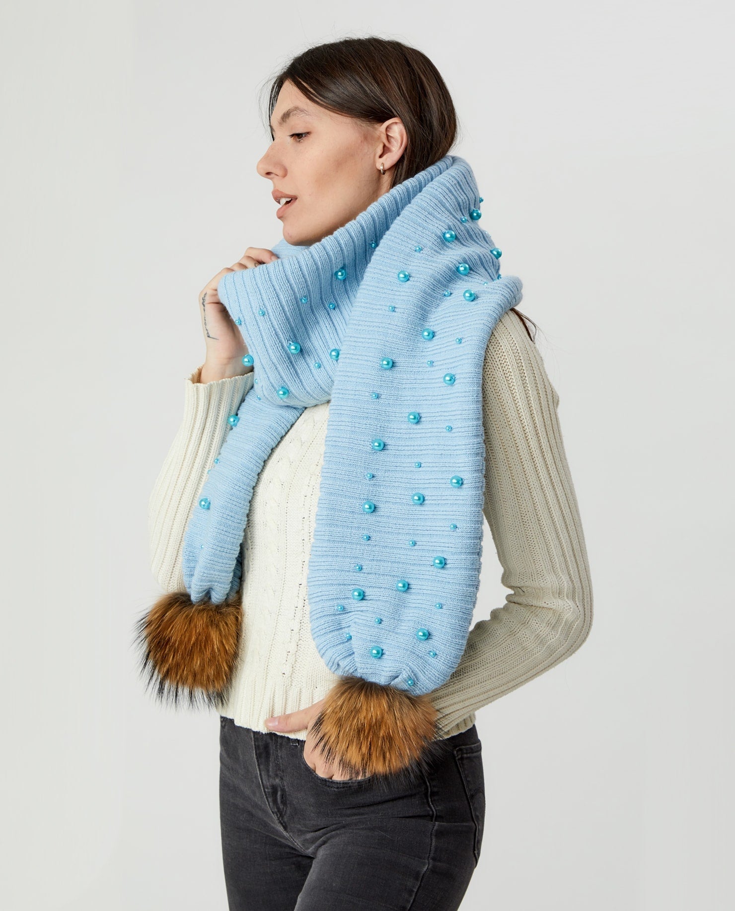 Foulard Adulte Doublé Pompons | Adult Poms Knit Scarf PERLES BABY BLUE - Mpompon